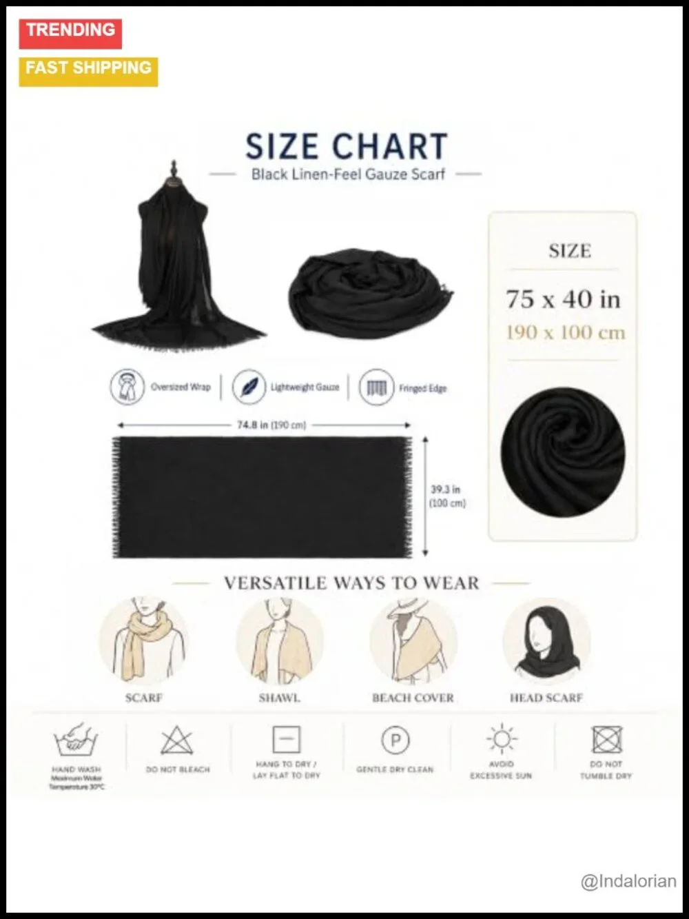 Oversized Lightweight Fringed Shawl Wrap - Linen-Feel, 75x40 in, Fashion Scarf